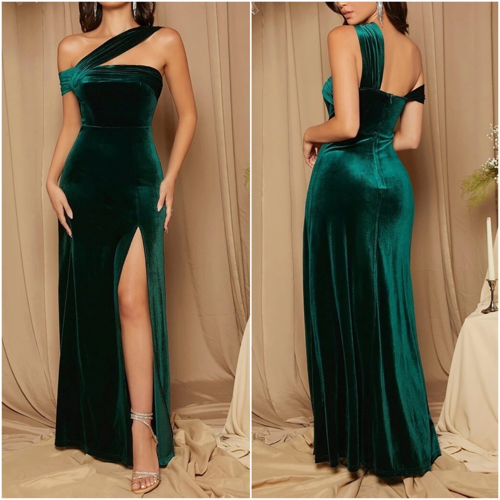 Luxe Teal Blue One Shoulder Velvet Evening Wedding Formal Maxi Dress - Picture 9 of 11